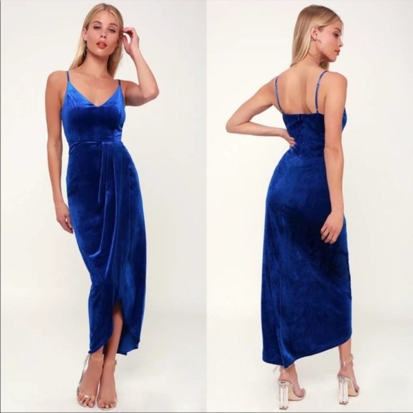 Lulu’s Champagne Kisses Royal Blue Velvet Midi Dress PREOWNED - Picture 1 of 2